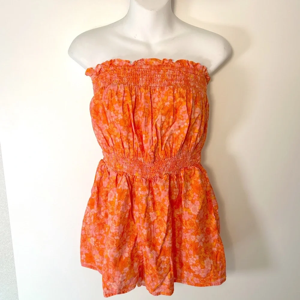Revolve RESTON ROMPER Size XS Mitsy Ditsy Floral Orange Pink Cotton Strapless‎